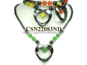 Assorted Color Cat's Eye Opal Beads Hematite Heart Pendant Chain Choker Fashion Necklace